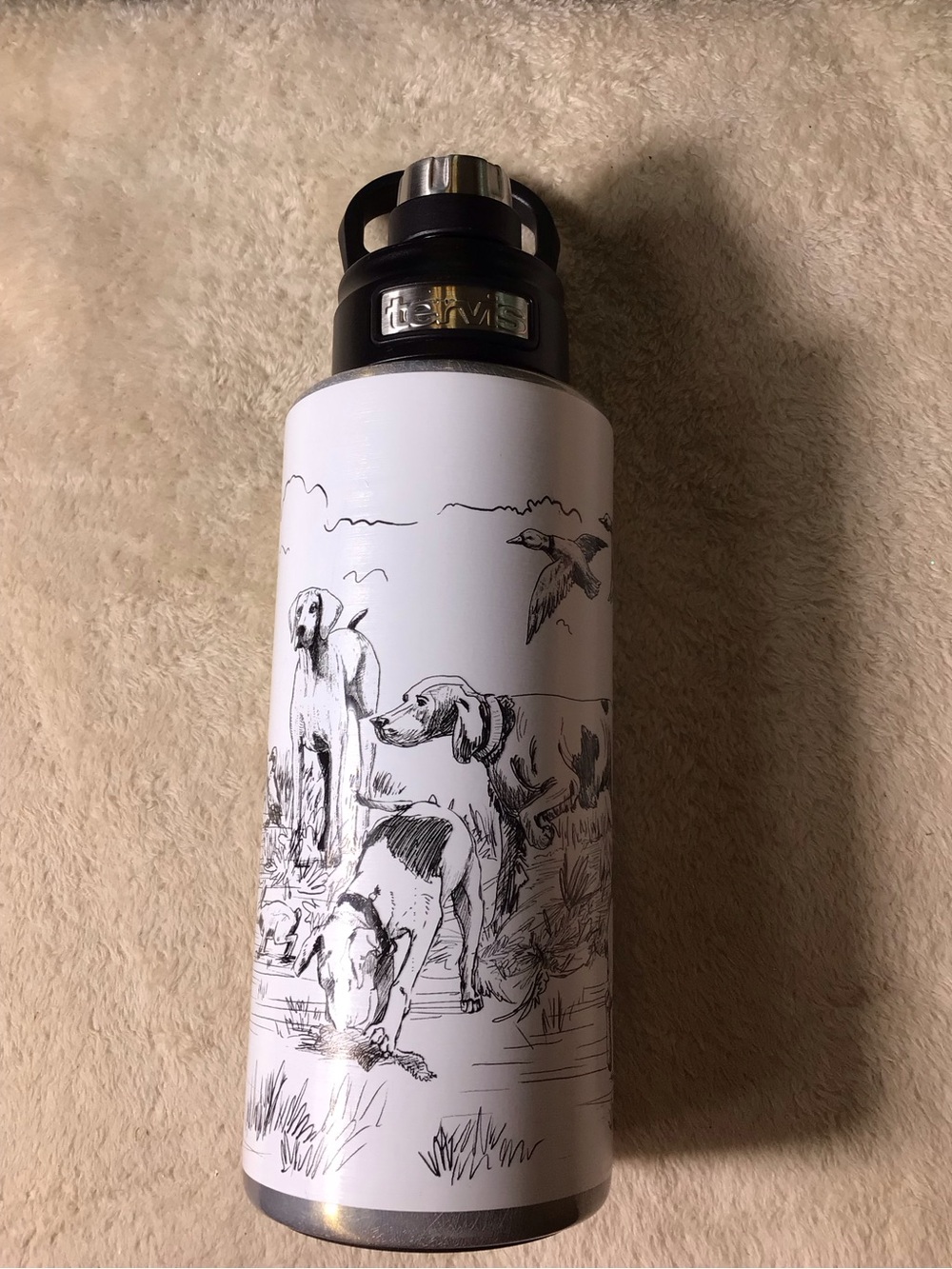 tervis White Stainless Steel Bottle with Black Cap and Dog Illustration